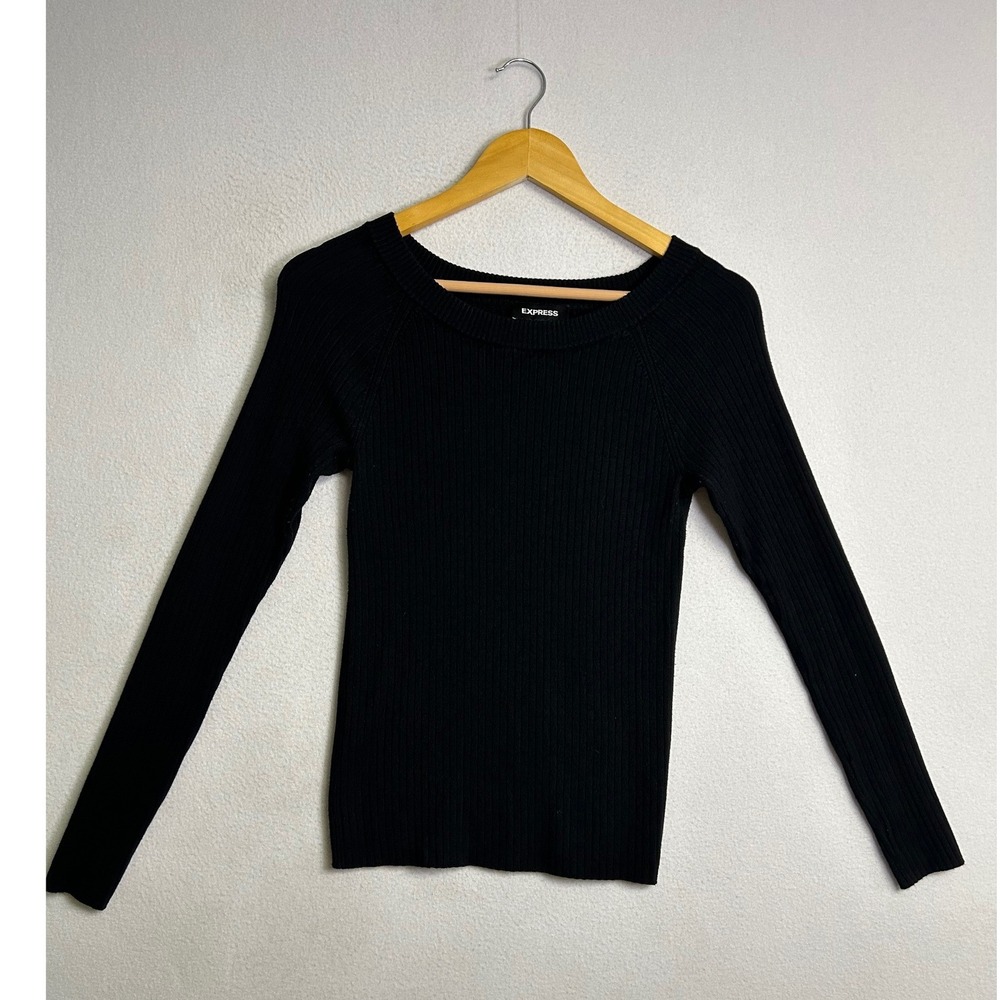 Minimalist Dark Academia Express Women Medium Black Ribbed Scoop Neck Sweater